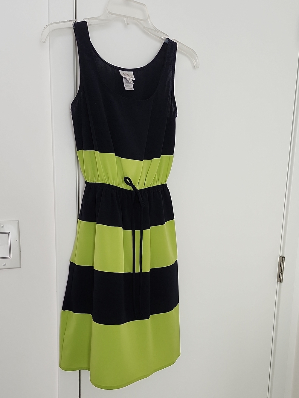 Sweet Storm Black and Lime Green Striped Drawstring Waist Dress